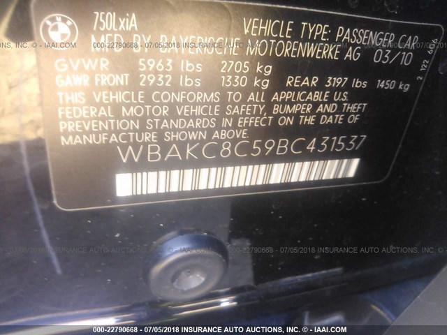 WBAKC8C59BC431537 - 2011 BMW 750 LXI BLACK photo 9