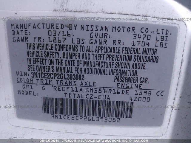 3N1CE2CP2GL393082 - 2016 NISSAN VERSA NOTE S/S PLUS/SV/SL/SR WHITE photo 9