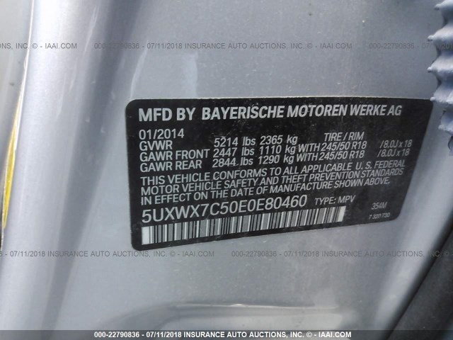 5UXWX7C50E0E80460 - 2014 BMW X3 XDRIVE35I SILVER photo 9