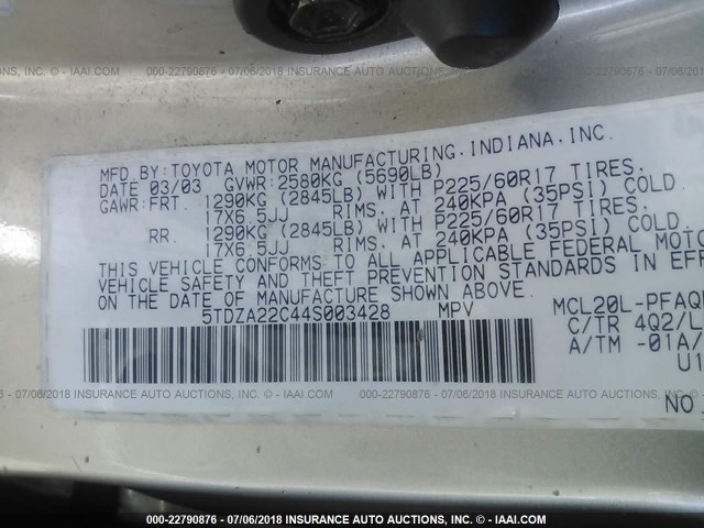 5TDZA22C44S003428 - 2004 TOYOTA SIENNA XLE/XLE LIMITED GOLD photo 9