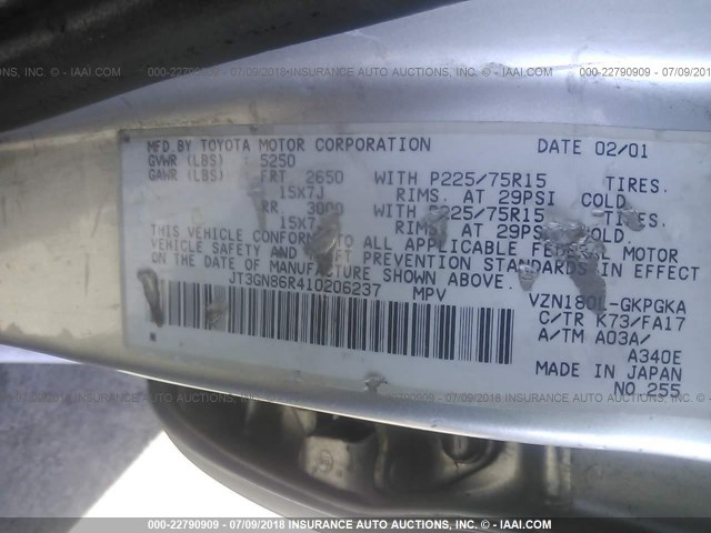 JT3GN86R410206237 - 2001 TOYOTA 4RUNNER SR5 SILVER photo 9