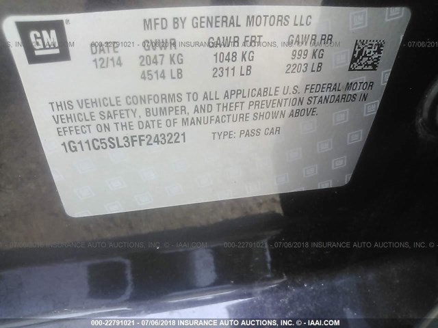 1G11C5SL3FF243221 - 2015 CHEVROLET MALIBU 1LT 紫色 照片 9