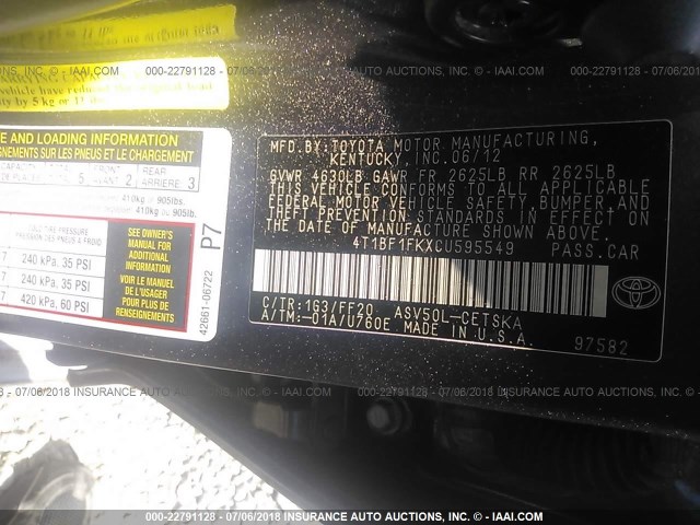 4T1BF1FKXCU595549 - 2012 TOYOTA CAMRY SE/LE/XLE GRAY photo 9