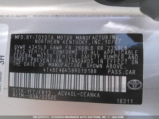 4T4BE46K58R019188 - 2008 TOYOTA CAMRY CE/LE/XLE/SE GRAY photo 9