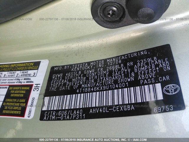 4T1BB46KX9U104001 - 2009 TOYOTA CAMRY HYBRID GREEN photo 9