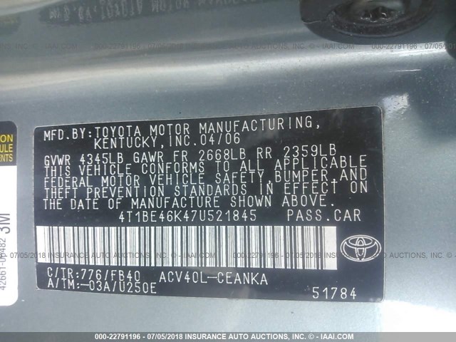 4T1BE46K47U521845 - 2007 TOYOTA CAMRY NEW GENERAT CE/LE/XLE/SE GREEN photo 9