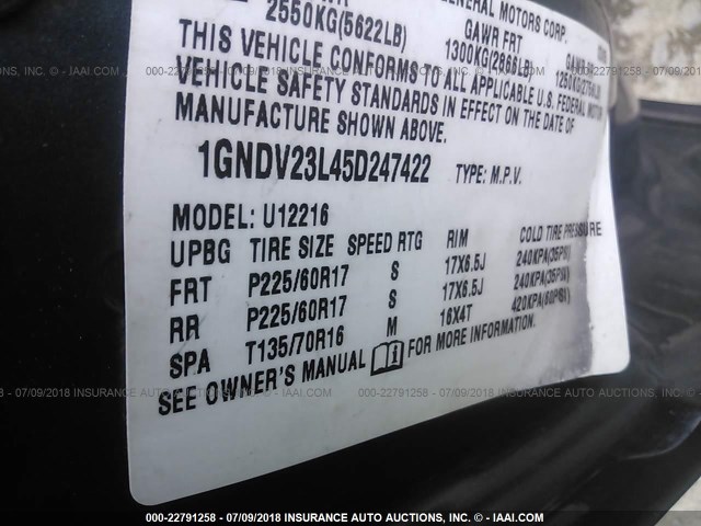 1GNDV23L45D247422 - 2005 CHEVROLET UPLANDER LS TEAL photo 9