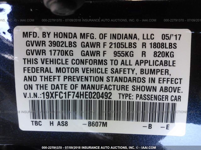 19XFC1F74HE020492 - 2017 HONDA CIVIC EXL Dark Blue photo 9