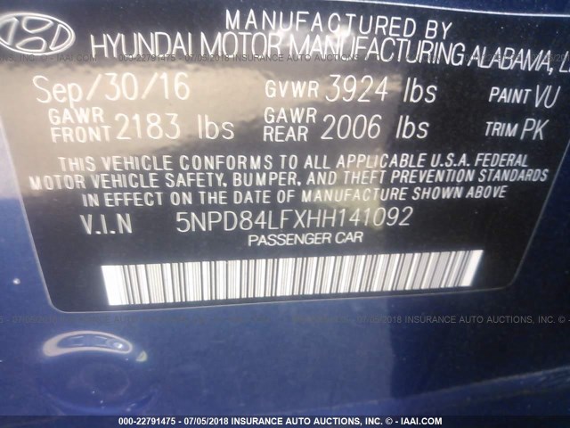 5NPD84LFXHH141092 - 2017 HYUNDAI ELANTRA SE/VALUE/LIMITED BLUE photo 9