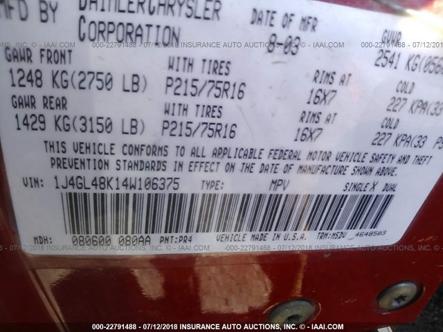 1J4GL48K14W106375 - 2004 JEEP LIBERTY SPORT RED photo 9