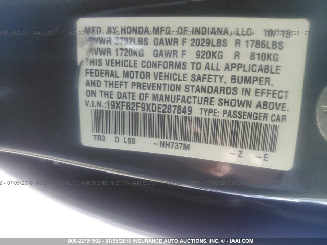 19XFB2F9XDE287849 - 2013 HONDA CIVIC EXL ნაცრისფერი ფოტო 9