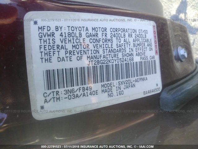JT2BG22K0Y0524168 - 2000 TOYOTA CAMRY CE/LE/XLE MAROON photo 9