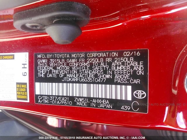 JTDKARFU6G3510477 - 2016 TOYOTA PRIUS RED photo 9