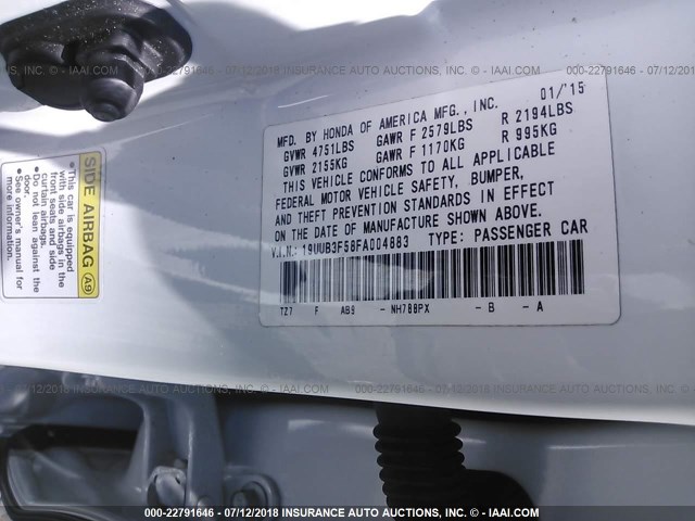 19UUB3F58FA004883 - 2015 ACURA TLX TECH WHITE photo 9