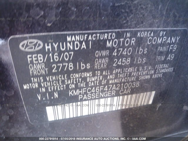 KMHFC46F47A210038 - 2007 HYUNDAI AZERA SE/LIMITED PURPLE photo 9