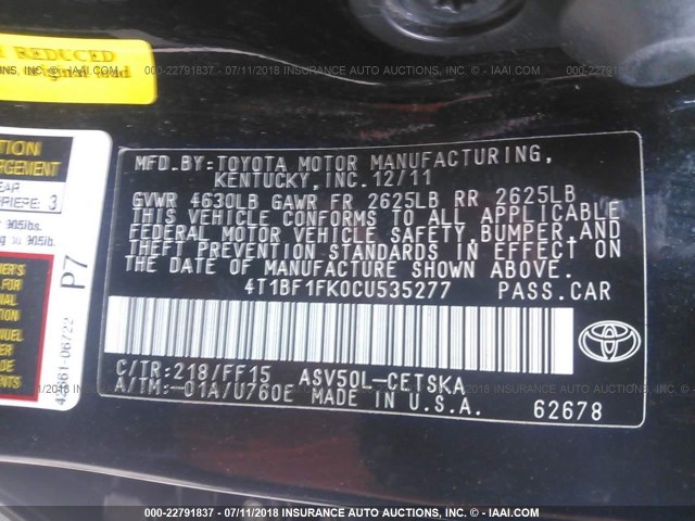 4T1BF1FK0CU535277 - 2012 TOYOTA CAMRY SE/LE/XLE BLACK photo 9