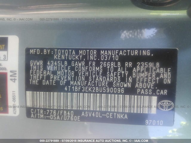4T1BF3EK2BU590096 - 2011 TOYOTA CAMRY SE/LE/XLE GREEN photo 9