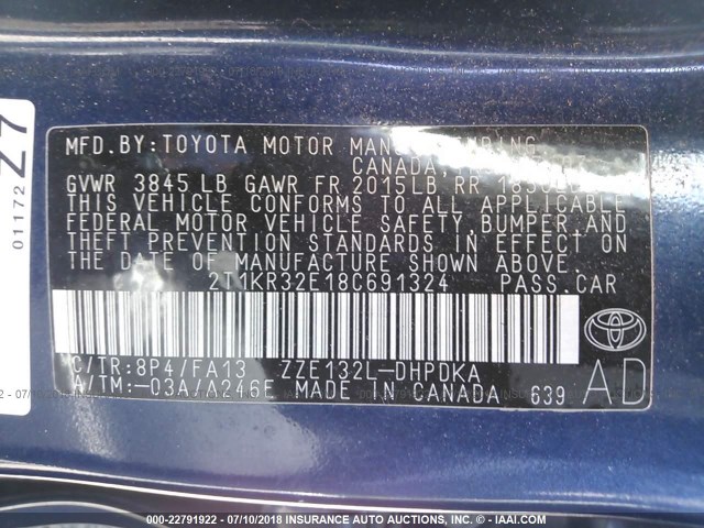 2T1KR32E18C691324 - 2008 TOYOTA COROLLA MATRIX XR BLUE photo 9