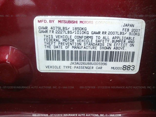 JA3AU26U88U005996 - 2008 MITSUBISHI LANCER ES RED photo 9