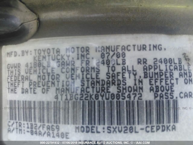 4T1BG22K0YU005472 - 2000 TOYOTA CAMRY CE/LE/XLE GOLD photo 9