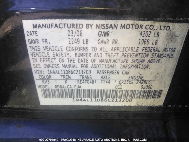 1N4AL11D86C213200 - 2006 NISSAN ALTIMA S/SL BLACK photo 9