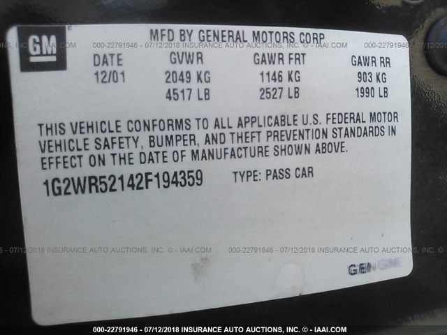 1G2WR52142F194359 - 2002 PONTIAC GRAND PRIX GTP BLACK photo 9