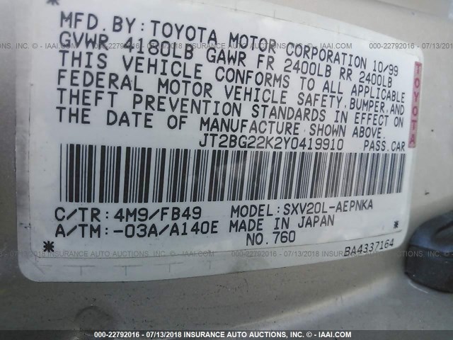 JT2BG22K2Y0419910 - 2000 TOYOTA CAMRY CE/LE/XLE 金色 照片 9