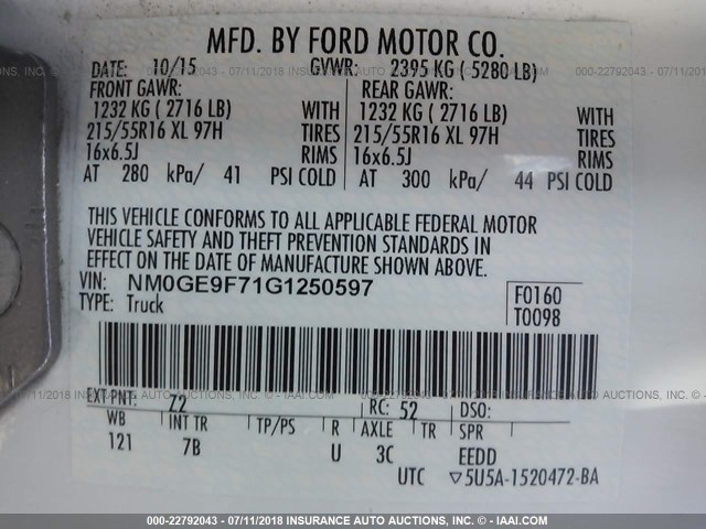 NM0GE9F71G1250597 - 2016 FORD TRANSIT CONNECT XLT WHITE photo 9