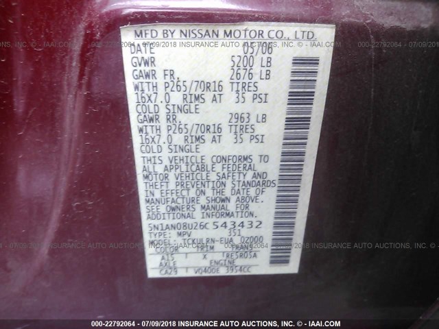 5N1AN08U26C543432 - 2006 NISSAN XTERRA OFF ROAD/S/SE RED photo 9