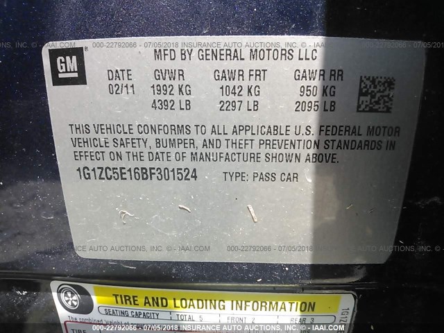 1G1ZC5E16BF301524 - 2011 CHEVROLET MALIBU 1LT BLUE photo 9