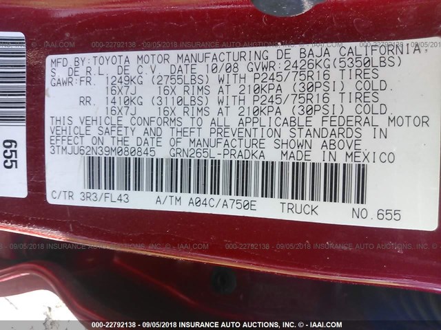 3TMJU62N39M080845 - 2009 TOYOTA TACOMA DOUBLE CAB PRERUNNER RED photo 9