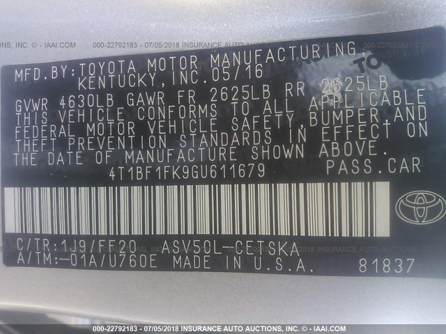 4T1BF1FK9GU611679 - 2016 TOYOTA CAMRY LE/XLE/SE/XSE SILVER photo 9