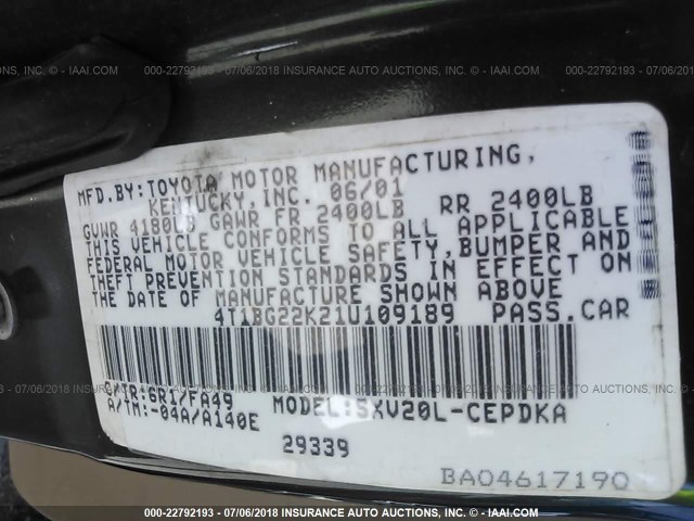 4T1BG22K21U109189 - 2001 TOYOTA CAMRY CE/LE/XLE 绿色 照片 9