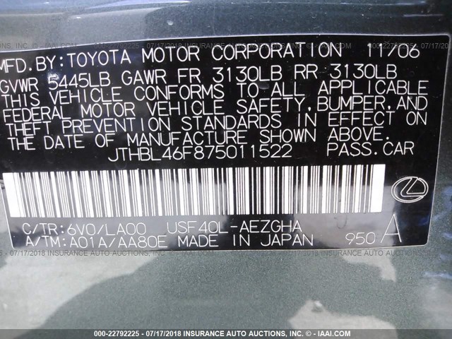 JTHBL46F875011522 - 2007 LEXUS LS 460 GREEN photo 9