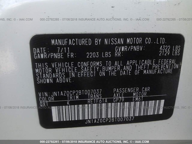 JN1AZ0CP2BT007037 - 2011 NISSAN LEAF SV/SL WHITE photo 9