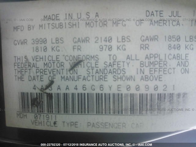 4A3AA46G6YE009021 - 2000 MITSUBISHI GALANT ES BLACK photo 9