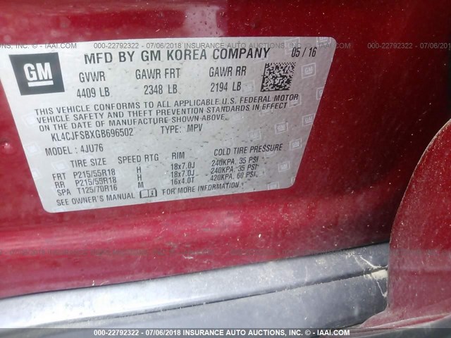 KL4CJFSBXGB696502 - 2016 BUICK ENCORE CONVENIENCE Қызыл фото 9