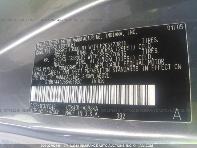 5TBBT44105S464820 - 2005 TOYOTA TUNDRA ACCESS CAB SR5 BROWN photo 9