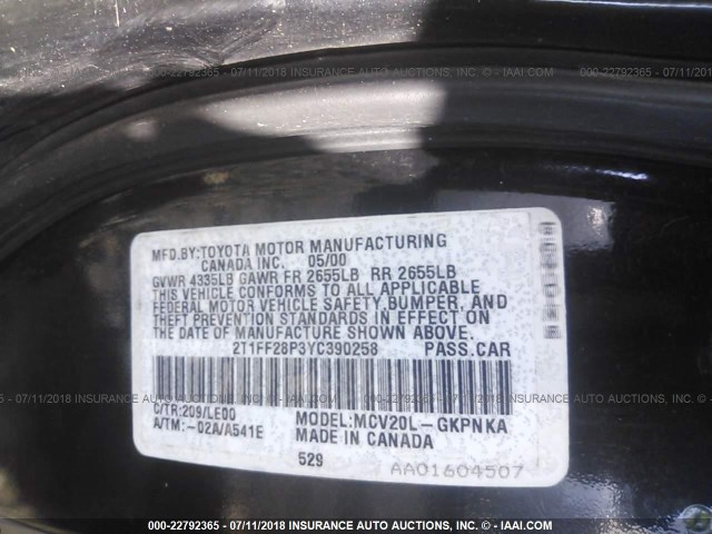 2T1FF28P3YC390258 - 2000 TOYOTA CAMRY SOLARA SE/SLE BLACK photo 9