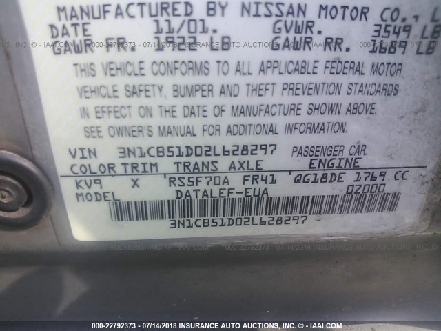 3N1CB51D02L628297 - 2002 NISSAN SENTRA XE/GXE SILVER photo 9