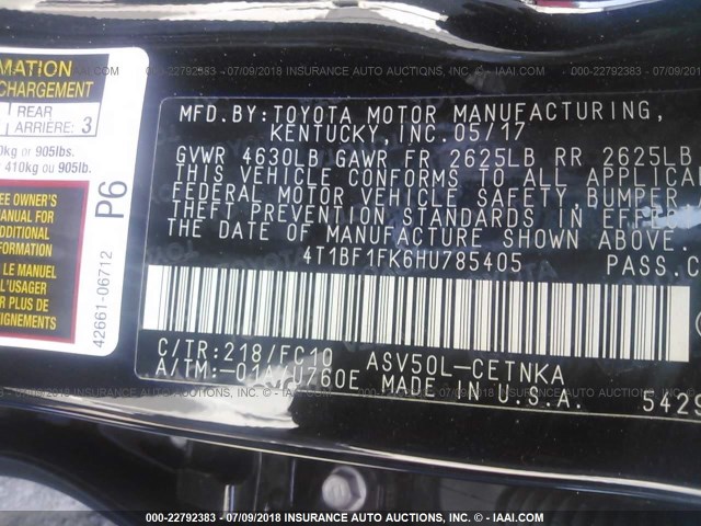 4T1BF1FK6HU785405 - 2017 TOYOTA CAMRY LE/XLE/SE/XSE 黑色 照片 9