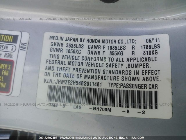 JHMZE2H54BS011481 - 2011 HONDA INSIGHT LX SILVER photo 9