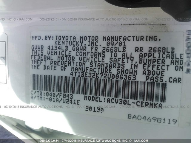 4T1BE32K72U006363 - 2002 TOYOTA CAMRY LE/XLE/SE Ağ foto 9