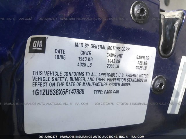 1G1ZU538X6F147886 - 2006 CHEVROLET MALIBU LTZ ლურჯი ფოტო 9