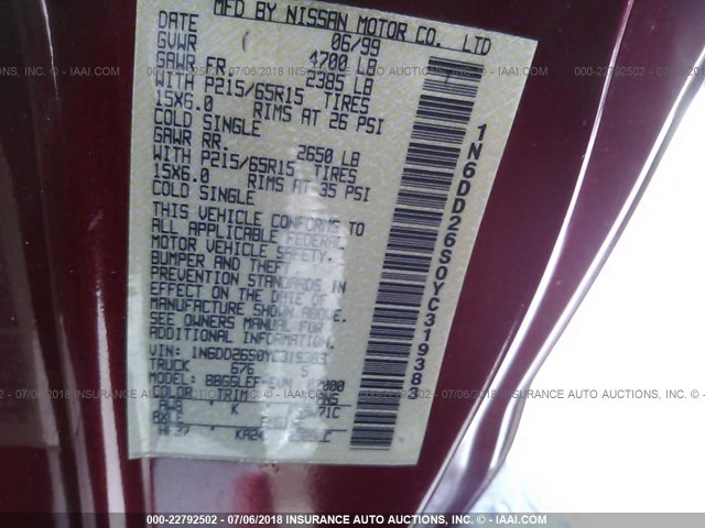 1N6DD26S0YC319383 - 2000 NISSAN FRONTIER KING CAB XE RED photo 9