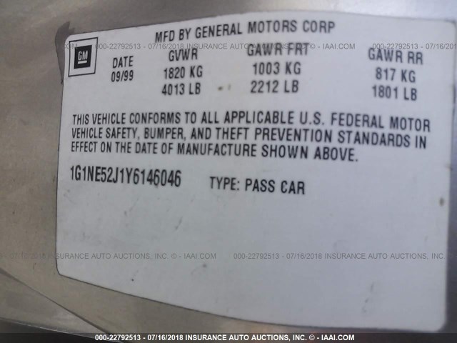 1G1NE52J1Y6146046 - 2000 CHEVROLET MALIBU LS თაფლისფერი ფოტო 9