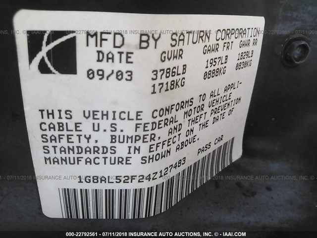 1G8AL52F24Z127483 - 2004 SATURN ION LEVEL 3 GOLD photo 9