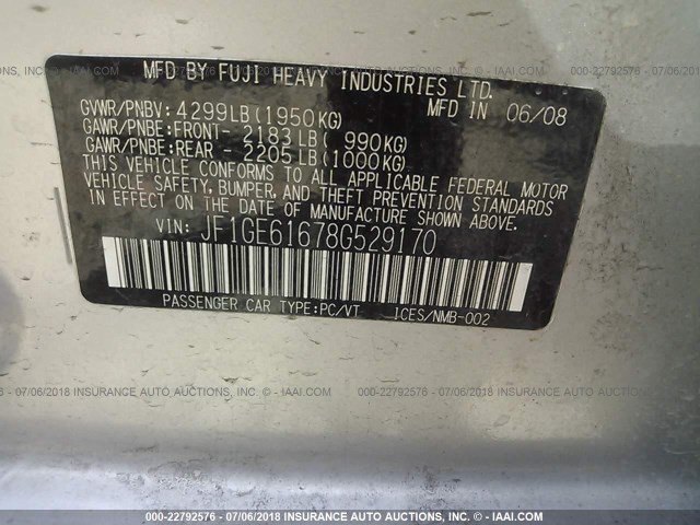 JF1GE61678G529170 - 2008 SUBARU IMPREZA 2.5I SILVER photo 9