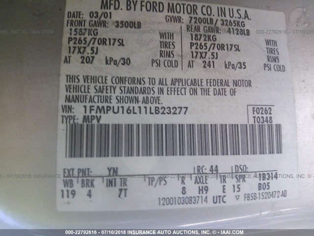 1FMPU16L11LB23277 - 2001 FORD EXPEDITION XLT SILVER photo 9