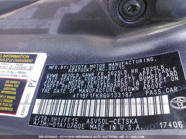 4T1BF1FK8GU133187 - 2016 TOYOTA CAMRY LE/XLE/SE/XSE GRAY photo 9